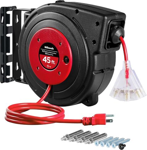 Retractable Extension Cord Reel, 45 FT Heavy Duty Power Cord, 12AWG/3C SJTOW, 3 Grounded Outlets Lighted Triple Tap, 15 Amp Circuit Breaker, UL Listed, Red R45CR06 in Kuwait