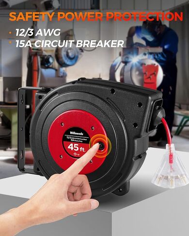 Retractable Extension Cord Reel, 45 FT Heavy Duty Power Cord, 12AWG/3C SJTOW, 3 Grounded Outlets Lighted Triple Tap, 15 Amp Circuit Breaker, UL Listed, Red R45CR06 in Kuwait
