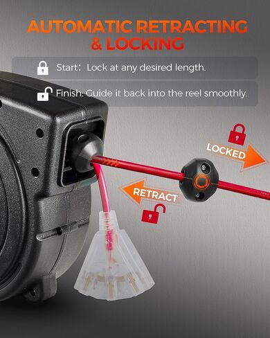Retractable Extension Cord Reel, 45 FT Heavy Duty Power Cord, 12AWG/3C SJTOW, 3 Grounded Outlets Lighted Triple Tap, 15 Amp Circuit Breaker, UL Listed, Red R45CR06 in Kuwait