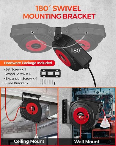 Retractable Extension Cord Reel, 45 FT Heavy Duty Power Cord, 12AWG/3C SJTOW, 3 Grounded Outlets Lighted Triple Tap, 15 Amp Circuit Breaker, UL Listed, Red R45CR06 in Kuwait