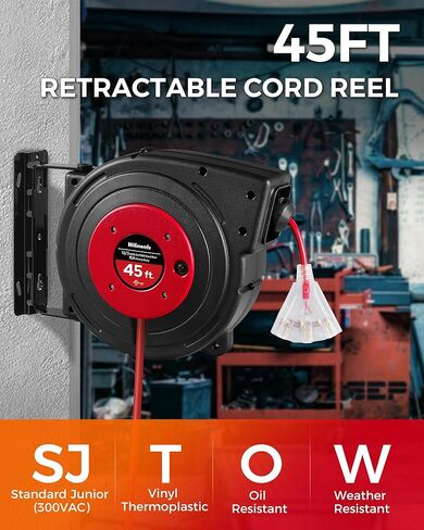 Retractable Extension Cord Reel, 45 FT Heavy Duty Power Cord, 12AWG/3C SJTOW, 3 Grounded Outlets Lighted Triple Tap, 15 Amp Circuit Breaker, UL Listed, Red R45CR06 in Kuwait