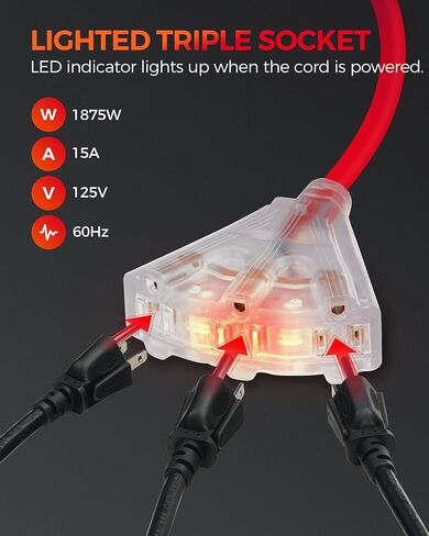 Retractable Extension Cord Reel, 45 FT Heavy Duty Power Cord, 12AWG/3C SJTOW, 3 Grounded Outlets Lighted Triple Tap, 15 Amp Circuit Breaker, UL Listed, Red R45CR06 in Kuwait