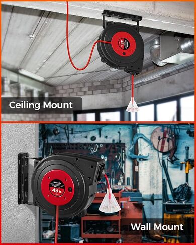 Retractable Extension Cord Reel, 45 FT Heavy Duty Power Cord, 12AWG/3C SJTOW, 3 Grounded Outlets Lighted Triple Tap, 15 Amp Circuit Breaker, UL Listed, Red R45CR06 in Kuwait