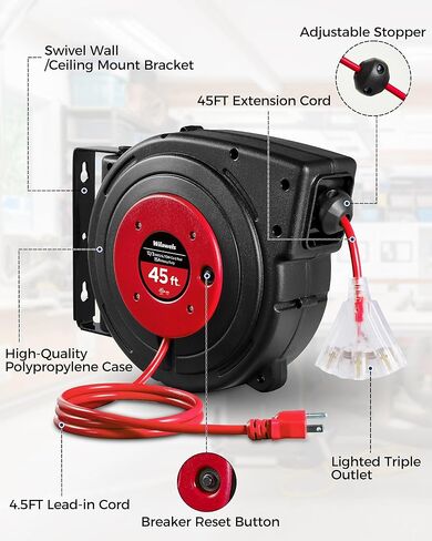Retractable Extension Cord Reel, 45 FT Heavy Duty Power Cord, 12AWG/3C SJTOW, 3 Grounded Outlets Lighted Triple Tap, 15 Amp Circuit Breaker, UL Listed, Red R45CR06 in Kuwait
