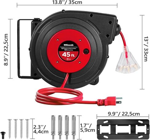 Retractable Extension Cord Reel, 45 FT Heavy Duty Power Cord, 12AWG/3C SJTOW, 3 Grounded Outlets Lighted Triple Tap, 15 Amp Circuit Breaker, UL Listed, Red R45CR06 in Kuwait