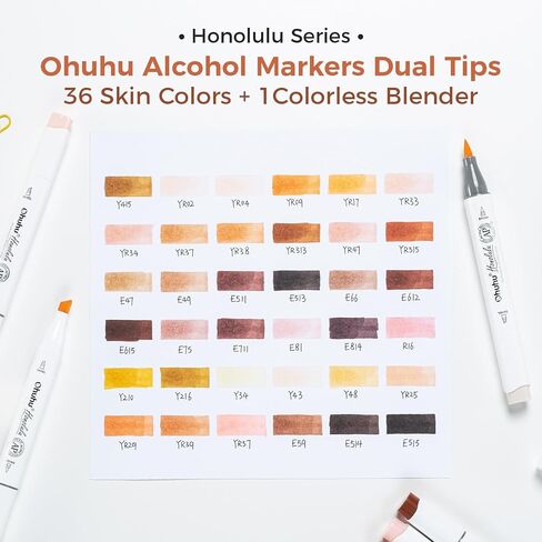 او هو هو فرشاة ماركر بلون البشرة - راس فرشاة للرسم الفني الكحولي للاطفال والفنانين والبالغين - 36 لون بشرة مع 1 قلم تحديد كحولي - فرشاة ودقيقة - هونولولو بي in Kuwait