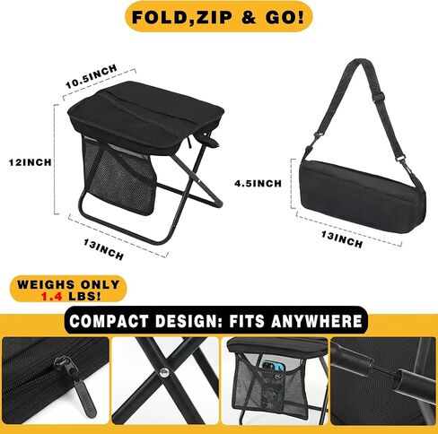 مقعد ظهر قابل للطي - كرسي جيب محمول مع حقيبة تخزين، حقيبة قابلة للتحويل للحمل بدون استخدام اليدين وتدعم 265 رطل، خفيف الوزن للمشي لمسافات طويلة وصيد الأسماك والتخييم والمهرجانات (أسود) in Kuwait