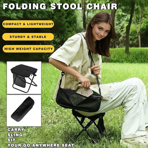 مقعد ظهر قابل للطي - كرسي جيب محمول مع حقيبة تخزين، حقيبة قابلة للتحويل للحمل بدون استخدام اليدين وتدعم 265 رطل، خفيف الوزن للمشي لمسافات طويلة وصيد الأسماك والتخييم والمهرجانات (أسود) in Kuwait