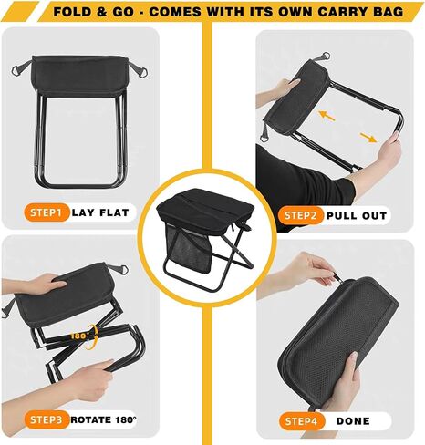 مقعد ظهر قابل للطي - كرسي جيب محمول مع حقيبة تخزين، حقيبة قابلة للتحويل للحمل بدون استخدام اليدين وتدعم 265 رطل، خفيف الوزن للمشي لمسافات طويلة وصيد الأسماك والتخييم والمهرجانات (أسود) in Kuwait
