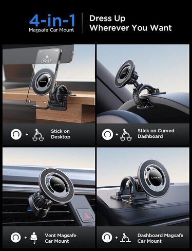 LISEN for MagSafe Car Mount [360° Rotation] Magnetic Phone Holder for Car Vent Phone Mount, Hands Free Phone Mount for Car Accessories, Phone Car Mount for iPhone Includes Vent/Dashboard Mount, Black in Saudi Arabia