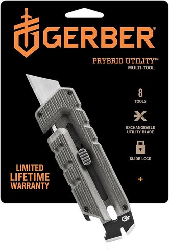 سكين جيب متعدد الأدوات من Gerber Gear Prybrid - سكين حلاقة EDC مع شفرة قابلة للسحب وشريط نقب - رمادي in Kuwait
