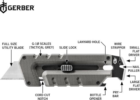 سكين جيب متعدد الأدوات من Gerber Gear Prybrid - سكين حلاقة EDC مع شفرة قابلة للسحب وشريط نقب - رمادي in Kuwait