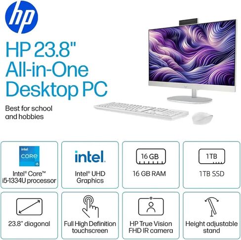HP 24" FHD IPS Display All in One Desktop PC, Touch Screen, Intel Core i5 Processor 1334U, 16GB DDR4, 1TB SSD, HDMI, Wireless Keyboard & Mouse, Anti-glareM, Wi-Fi 6, USB, Windows 11 Pro, White in Kuwait