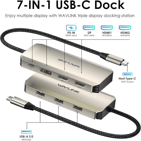 Laptop Docking Station, WAVLINK Triple 4K Docking Station with Dual HDMI, DP, 100W PD in, 3 USB-A2.0 for Wireless Device, Compatible with Dell/HP/Lenovo etc, Windows Systerm Computer Only in Saudi Arabia