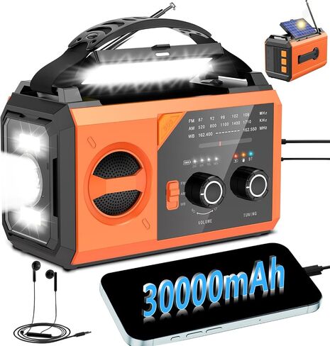 30000mAh Emergency Weather Radio, AM/FM/NOAA Hand Crank Radio with Wireless Speaker, Solar & Hand Crank Power, Built-in Flashlight, SOS Alarm, 15W Fast Charge (Orange, 30000mAh) in Saudi Arabia