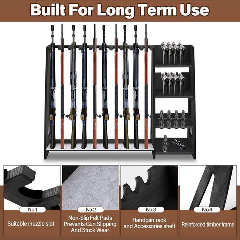 Wooden Gun Rack with Holder, Indoor Floor Standing Rifle Rack, Gun Display Storage for Home or Garage Storage, Holds 10 Long guns and 8 handguns(Walnut) in Saudi Arabia