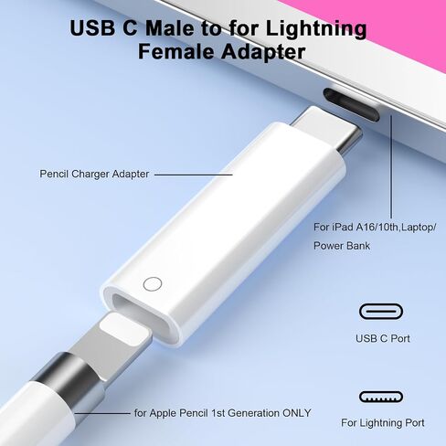 محول USB C إلى قلم رصاص الأول لجهاز iPad A16 الجيل الحادي عشر والجيل العاشر، نوع C ذكر إلى محول شاحن Lightning أنثى لقلم Apple الجيل الأول، موصل زوج بلوتوث لiPencil 1 in Kuwait