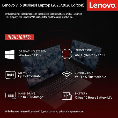 Lenovo 2026 New V15 Business and Student Laptop، Ryzen 3 7000-Series (يتفوق على Intel i5-1235U)، ذاكرة الوصول العشوائي 16 جيجابايت، 512 جيجابايت SSD، شاشة 15.6 بوصة FHD، تصميم نحيف للغاية، عمر بطارية طويل، Windows 11 Pro، WOWPC in Saudi Arabia