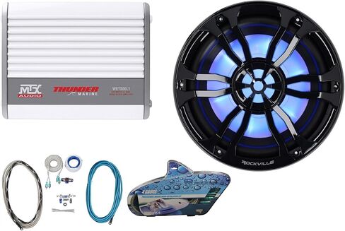 حزمة Rockville RM-PREMIUM104 السوداء: 10 بوصات هواء حر 1200 واط الذروة/300 واط RMS مضخم صوت بحري، MTX WET500.1 مضخم صوت أحادي، RMWK4 4 AWG مجموعة أسلاك أمبير مقاومة للماء، 3 عناصر in Saudi Arabia