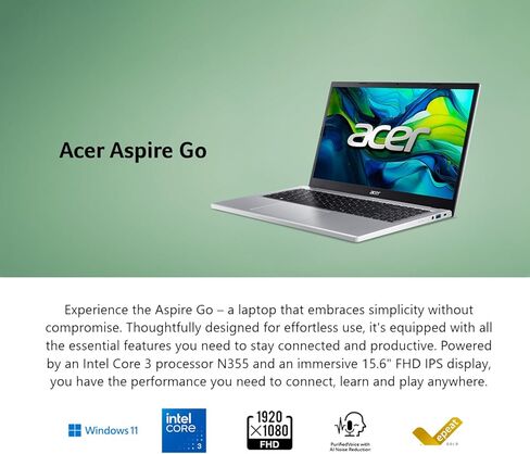 كمبيوتر محمول acer Aspire Go 15 • شاشة عرض عالية الدقة مقاس 15.6 بوصة • الجيل التالي من Intel Core i3 N355 (8 النواة، حتى 3.9 جيجا هرتز) • مفتاح Copilot AI • Microsoft Office • HDMI • Windows 11 Home • WOWPC USB (ذاكرة وصول عشوائي سعة 16 جيجابايت | محرك أ in Kuwait