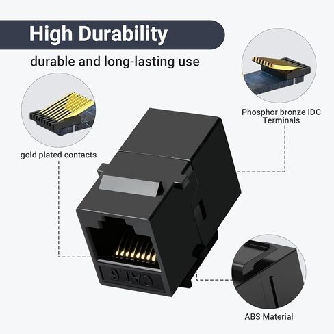 وصلة كيستون Cat6 RJ45 25 حزمة، وصلة إيثرنت أنثى إلى أنثى، موسع كابل إيثرنت UTP مضمنة Cat6 مقابس كيستون للوحات الحائط ولوحات التصحيح - أسود in Kuwait