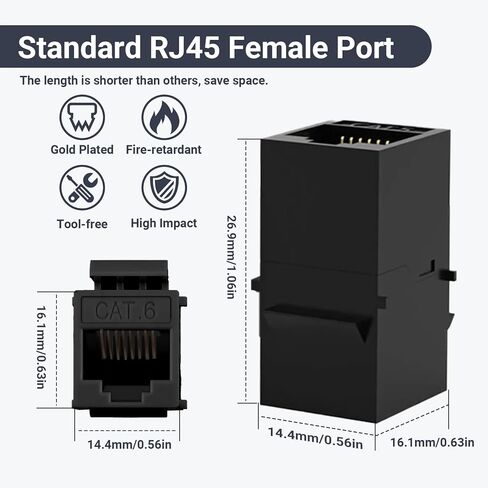وصلة كيستون Cat6 RJ45 25 حزمة، وصلة إيثرنت أنثى إلى أنثى، موسع كابل إيثرنت UTP مضمنة Cat6 مقابس كيستون للوحات الحائط ولوحات التصحيح - أسود in Kuwait