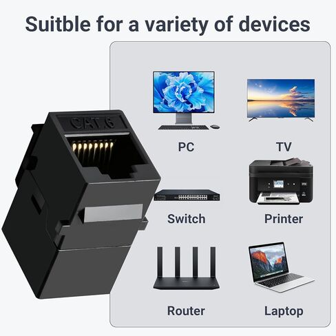 وصلة كيستون Cat6 RJ45 25 حزمة، وصلة إيثرنت أنثى إلى أنثى، موسع كابل إيثرنت UTP مضمنة Cat6 مقابس كيستون للوحات الحائط ولوحات التصحيح - أسود in Kuwait
