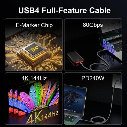 كابل USB 4 بطول 6.6 قدم لكابل Thunderbolt 5 بسرعة 80 جيجابت في الثانية، عرض نطاق يصل إلى 120 جيجابت في الثانية لشحن مزدوج 8K، 240 وات PD 3.1، كابل فيديو USB C مضفر متوافق مع Thunderbolt 4/5، SSD، MacBook M4 Pro، Dock، eGPU in Kuwait