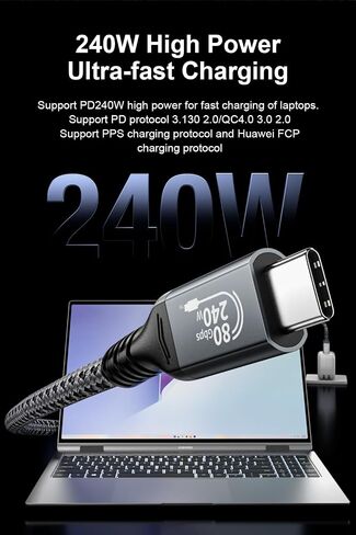 كابل USB 4 بطول 6.6 قدم لكابل Thunderbolt 5 بسرعة 80 جيجابت في الثانية، عرض نطاق يصل إلى 120 جيجابت في الثانية لشحن مزدوج 8K، 240 وات PD 3.1، كابل فيديو USB C مضفر متوافق مع Thunderbolt 4/5، SSD، MacBook M4 Pro، Dock، eGPU in Kuwait
