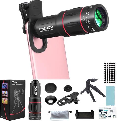 مجموعة ملحقات عدسة Telephoto لهواتف iPhone وAndroid مع مشبك ثلاثي القوائم، 28X HD لسهولة الاستخدام ولقطات مذهلة للمشاهد التي تتجاوز 3 أمتار in Kuwait