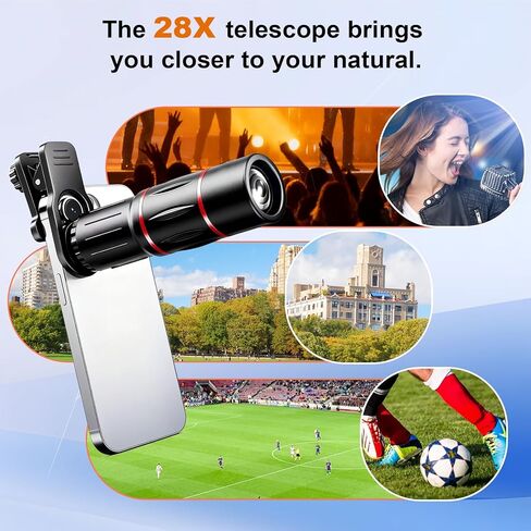 مجموعة ملحقات عدسة Telephoto لهواتف iPhone وAndroid مع مشبك ثلاثي القوائم، 28X HD لسهولة الاستخدام ولقطات مذهلة للمشاهد التي تتجاوز 3 أمتار in Kuwait