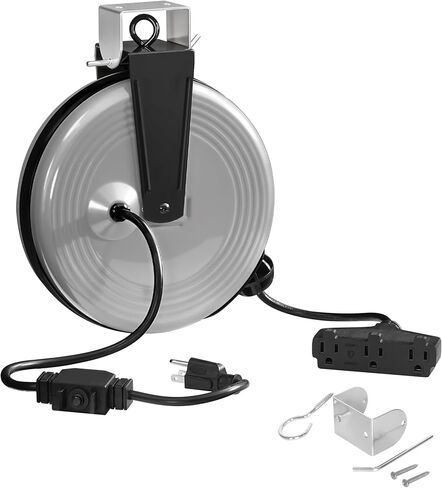 30 Ft Retractable Extension Cord Reel, 16/3 Gauge SJTOW Power Cord with 3 Electrical Outlets Pigtail for Garage and Shop, 10 Amp Circuit Breaker, Metal Plate, UL Listed, Grey H30ACR06 in Kuwait