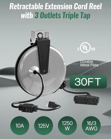 30 Ft Retractable Extension Cord Reel, 16/3 Gauge SJTOW Power Cord with 3 Electrical Outlets Pigtail for Garage and Shop, 10 Amp Circuit Breaker, Metal Plate, UL Listed, Grey H30ACR06 in Kuwait