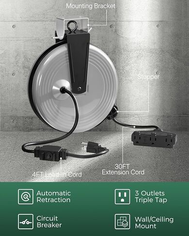 30 Ft Retractable Extension Cord Reel, 16/3 Gauge SJTOW Power Cord with 3 Electrical Outlets Pigtail for Garage and Shop, 10 Amp Circuit Breaker, Metal Plate, UL Listed, Grey H30ACR06 in Kuwait