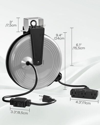 30 Ft Retractable Extension Cord Reel, 16/3 Gauge SJTOW Power Cord with 3 Electrical Outlets Pigtail for Garage and Shop, 10 Amp Circuit Breaker, Metal Plate, UL Listed, Grey H30ACR06 in Kuwait