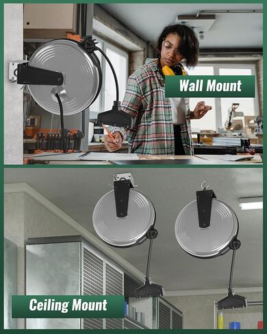 30 Ft Retractable Extension Cord Reel, 16/3 Gauge SJTOW Power Cord with 3 Electrical Outlets Pigtail for Garage and Shop, 10 Amp Circuit Breaker, Metal Plate, UL Listed, Grey H30ACR06 in Kuwait