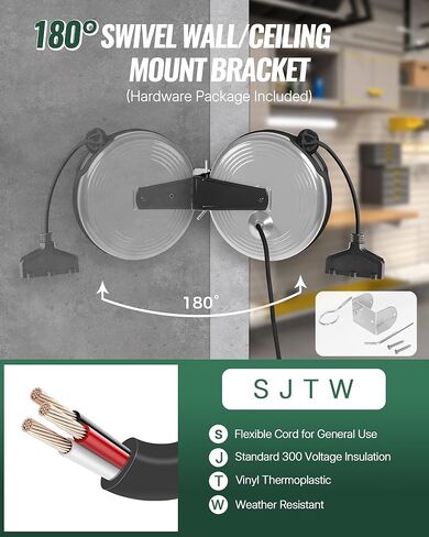 30 Ft Retractable Extension Cord Reel, 16/3 Gauge SJTOW Power Cord with 3 Electrical Outlets Pigtail for Garage and Shop, 10 Amp Circuit Breaker, Metal Plate, UL Listed, Grey H30ACR06 in Kuwait