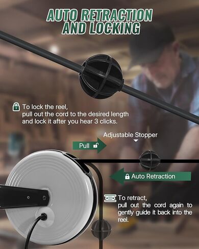 30 Ft Retractable Extension Cord Reel, 16/3 Gauge SJTOW Power Cord with 3 Electrical Outlets Pigtail for Garage and Shop, 10 Amp Circuit Breaker, Metal Plate, UL Listed, Grey H30ACR06 in Kuwait