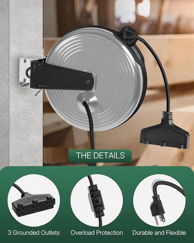30 Ft Retractable Extension Cord Reel, 16/3 Gauge SJTOW Power Cord with 3 Electrical Outlets Pigtail for Garage and Shop, 10 Amp Circuit Breaker, Metal Plate, UL Listed, Grey H30ACR06 in Kuwait