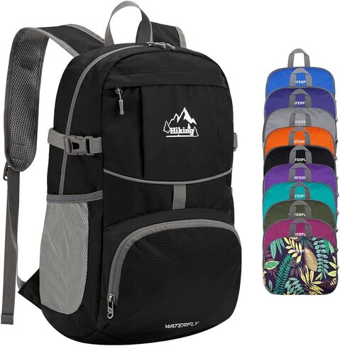 WATERFLY Hiking Packable Daypack Backpack: 25L Ultra Lightweight Day Pack for Woman Man - Small Compact Folding Back Pack for Outdoor Sport Cycling Camping Travel Trip - Black in Saudi Arabia