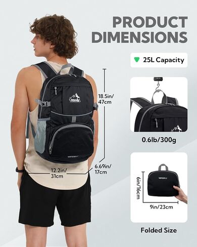 WATERFLY Hiking Packable Daypack Backpack: 25L Ultra Lightweight Day Pack for Woman Man - Small Compact Folding Back Pack for Outdoor Sport Cycling Camping Travel Trip - Black in Saudi Arabia