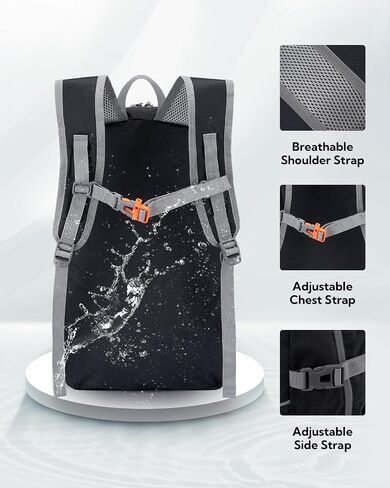 WATERFLY Hiking Packable Daypack Backpack: 25L Ultra Lightweight Day Pack for Woman Man - Small Compact Folding Back Pack for Outdoor Sport Cycling Camping Travel Trip - Black in Saudi Arabia
