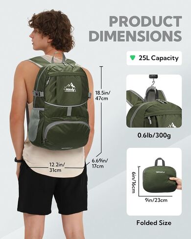 WATERFLY Hiking Packable Daypack Backpack: 25L Ultra Lightweight Day Pack for Woman Man - Small Compact Folding Back Pack for Outdoor Sport Cycling Camping Travel Trip - Black in Saudi Arabia
