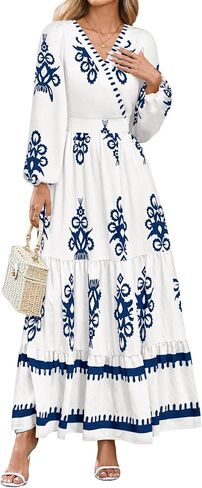 PRETTYGARDEN Women's 2025 Fall Wedding Guest Dresses Boho Floral Long Sleeve V Neck Flowy Elegant Maxi Dress Beach Clothes in Saudi Arabia