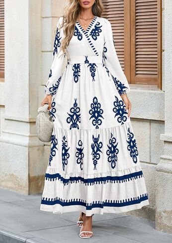 PRETTYGARDEN Women's 2025 Fall Wedding Guest Dresses Boho Floral Long Sleeve V Neck Flowy Elegant Maxi Dress Beach Clothes in Saudi Arabia