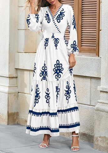 PRETTYGARDEN Women's 2025 Fall Wedding Guest Dresses Boho Floral Long Sleeve V Neck Flowy Elegant Maxi Dress Beach Clothes in Saudi Arabia