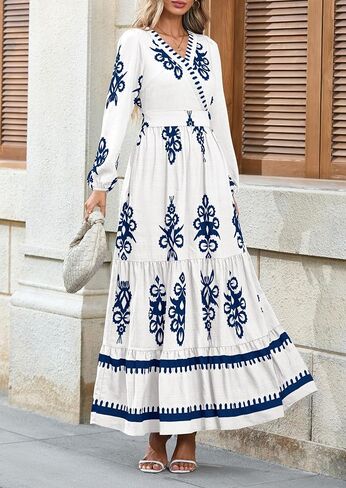 PRETTYGARDEN Women's 2025 Fall Wedding Guest Dresses Boho Floral Long Sleeve V Neck Flowy Elegant Maxi Dress Beach Clothes in Saudi Arabia