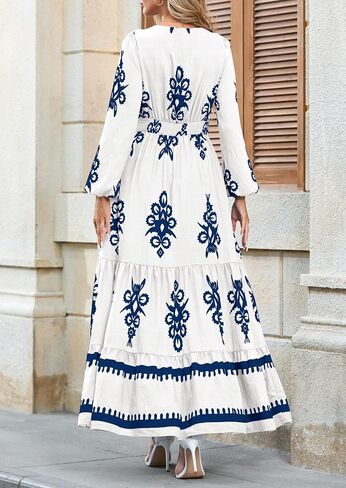 PRETTYGARDEN Women's 2025 Fall Wedding Guest Dresses Boho Floral Long Sleeve V Neck Flowy Elegant Maxi Dress Beach Clothes in Saudi Arabia