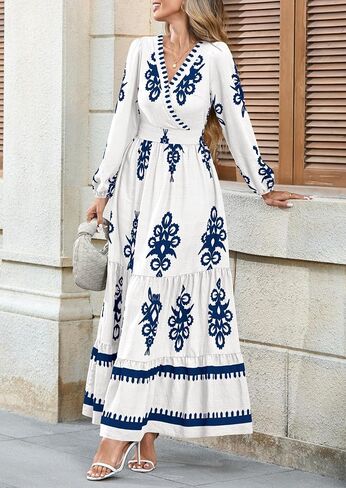 PRETTYGARDEN Women's 2025 Fall Wedding Guest Dresses Boho Floral Long Sleeve V Neck Flowy Elegant Maxi Dress Beach Clothes in Saudi Arabia