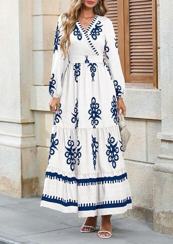 PRETTYGARDEN Women's 2025 Fall Wedding Guest Dresses Boho Floral Long Sleeve V Neck Flowy Elegant Maxi Dress Beach Clothes in Saudi Arabia